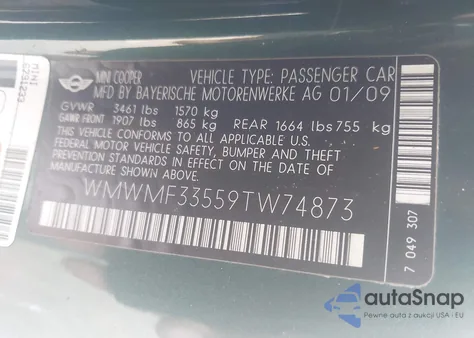 2009 Mini Cooper из США, поврежденный, VIN WMWMF33559TW74873